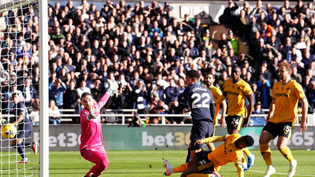 Brennan Johnson (22) pictured scoring his first goal for Tottenham Hotspur, against Wolves in November 2023